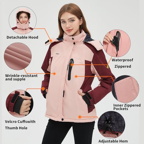Image of Women's Waterproof Winter Jacket Skiing Warm Fleece Snow Coat Hooded Windproof Raincoat S-3XL