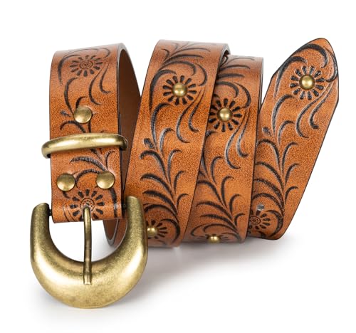 Women Leather Belt for Jeans Pants Western Cowboy Cowgirl Belt Embossed Floral Country Belts with Gold Buckle3