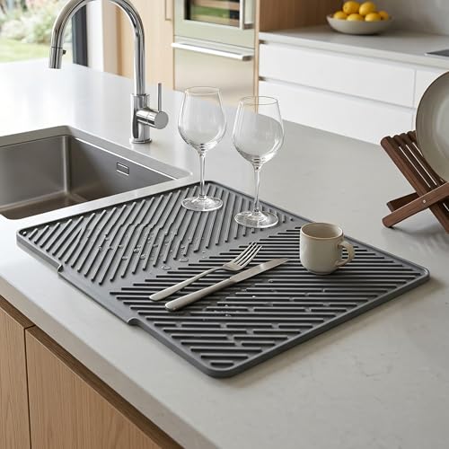 Image of HomeEssentials Silicone Dish Drying Mat for Kitchen - Large Size Utensil & Dish Drainer Mat with Built-in Drain Lip, Non-Slip Countertop Protector, Heat Resistant Sink Drying Pad