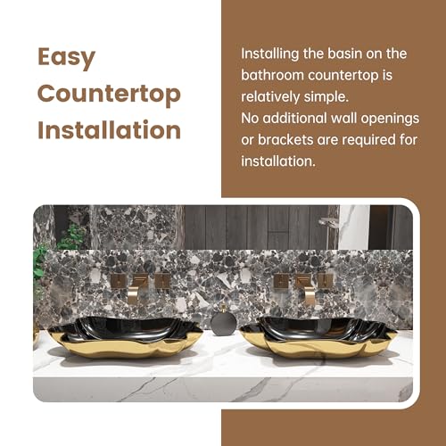 MEJE 24-Inch Unique Lotus Leaf Flower Shape Bathroom Vessel Sink, Above Counter Porcelain Ceramic Vessel Vanity Sink, Art Basin, Black & Gold (Include Pop Up Drain) by MEJE - Used condition - Image 4