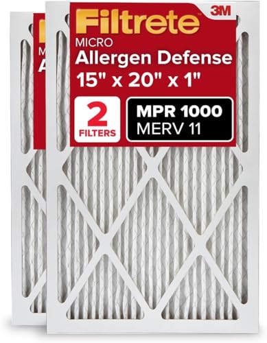 Filtrete 15x20x1 AC Furnace Air Filter MERV 11 MPR 1000 Micro Allergen Defense 3-Month Pleated 1-Inch Electrostatic Air Cleaning Filter 2 Pack (Actual Size 14.81x19.81x0.81 in)