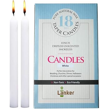 Amazon Com Lanker 18 Pack Taper Candles 8 Inch Dripless Unscented Smokeless Candles 6 5 Hours Burning Time Decoration For Wedding Churches Dinner Halloween And Christmas White Home Kitchen