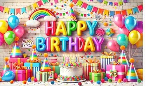 Image of Backdropon Balloon with Cake Themed Happy Birthday Design Backdrop for Birthday Decoration Traditional /Background Curtain Cloth for Party /Festival Size 5 Feet Height and 8 Feet Width(5 * 8)