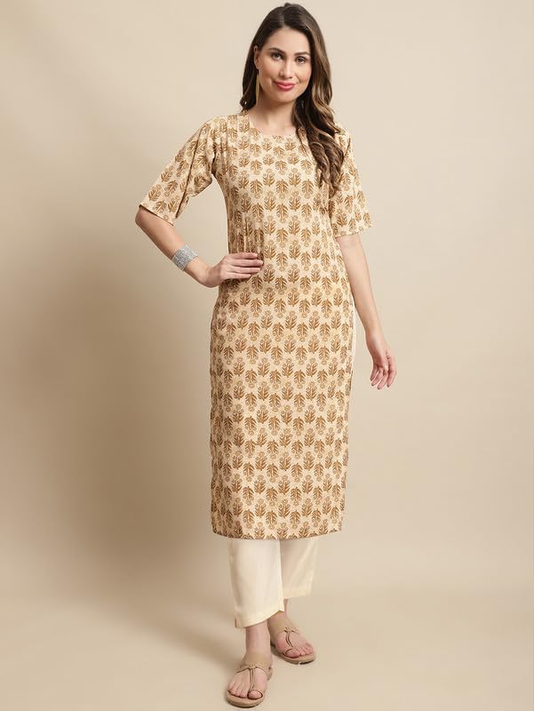 Pinkmint Kurta Set For Women Cotton Printed Knee Length Straight Round Neck Kurti With Pant (Pack Of 1)
