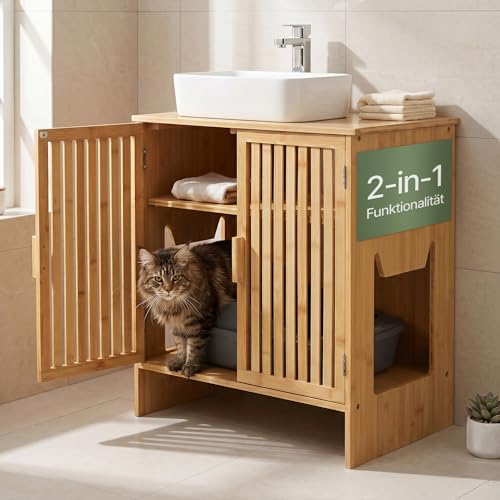 WOOWOOD Katzenklo Waschbeckenunterschrank aus Bambus - Extrem Feuchteresistent - Katzenklo Schrank - Badezimmer Unterschrank - Katzenschrank Katzentoilette Schrank Katzenmöbel 60×44×60 cm