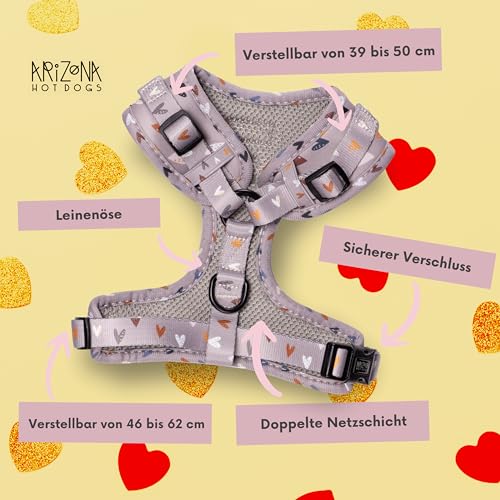 Hundegeschirr für mittelgroße Hunde | Arizona Hotdogs Softgeschirr Sweet Love | Herzmuster (M)