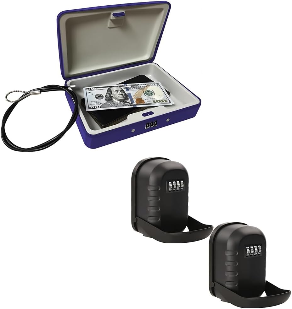 SEPOX® 3pcs Security Lock Boxes Bundle (1 Blue Fire and Water Resistant Safe + 2 Metal Key Lock Boxes) - Combination Lock, 3-Ft Cable & Wall Mount for Travel/Dorm/Car/Home/Office | Stores Cash, Jewelr