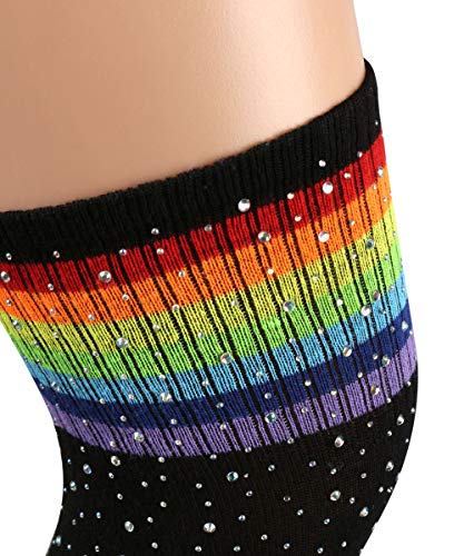 Suluia Women Crazy Novelty Shiny Diamond Long Knee High Socks Cute Rainbow Striped Thigh High Sparkle Crystal Stocking（Black） #TOP4