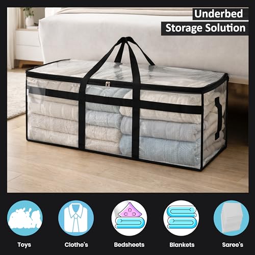 Image of Storite 2 Pack Premium Multi-Purpose Heavy Duty Moisture Proof 85 Litres Transparent Super-Size Jumbo Underbed Storage Bag /Toys /Blankets /Stationery Paper /Clothes Storage Bag (84x26x37 cm)