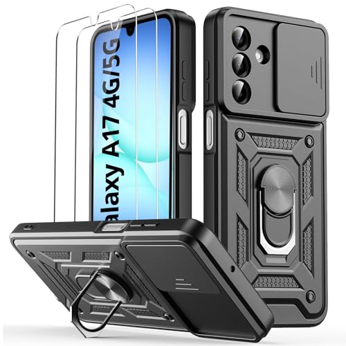 Oududianzi - Funda para Samsung Galaxy A17[2 Protector Vidrio Templado], con Cubierta Deslizante de la Cámara, Soporte Giratorio de 360 ° y Funda Protectora TPU de Silicona - Negro