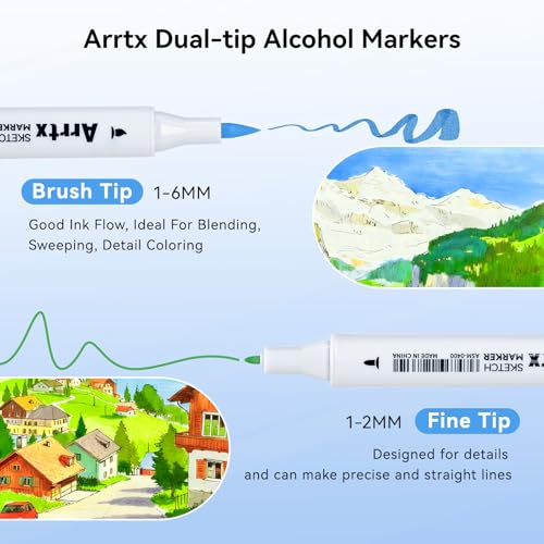 Arrtx 90 Colors Alcohol Markers, Dual Tip (Brush & Fine) Art Markers for Artists, Premium Sketching Markers with Case, High Pigment Blending Markers for Adult Coloring Illustration Drawing image 11