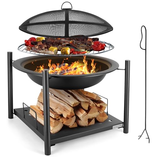 Self-Burning Grill SereneLife Portable Outdoor Fire Pit - 2-in-1 Steel BBQ Grill and 26' Wood Burning Fire Pit Bowl...