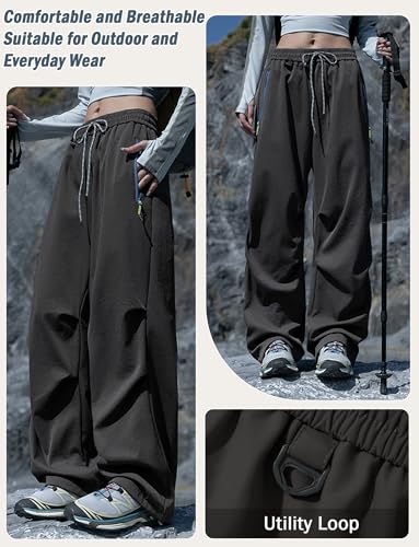 Image of FEOYA Hiking Pants Women Parachute Pants Baggy Quick-Dry Water-Repellent | with Zipper Large Pockets Outdoor Travel Cargo Pants Casual Wear