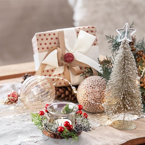 Oyaton Christmas Votive Candle Holders With Snowy Pinecone Berry Candle Ring, Decorative Glass Tealight Candle Holder Set Of 2 For Home thumb #2