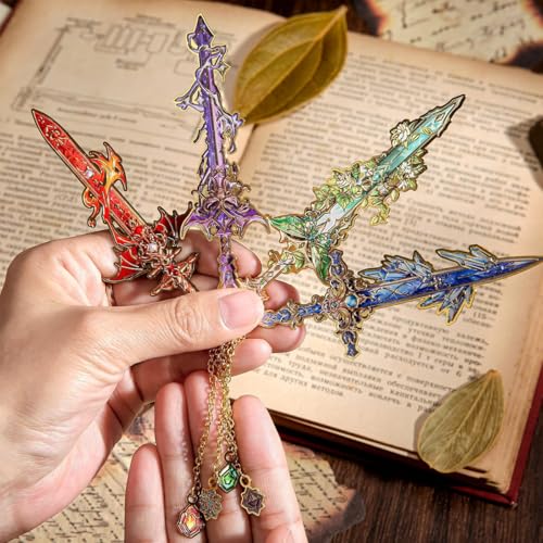 Image of 4Pcs Retro Sword-Shaped Metal Bookmarks, 4 Colors Fantasy Style with Chain Pendant, Cool Reading Accessories & Gift for Students, Men, and Book Lovers