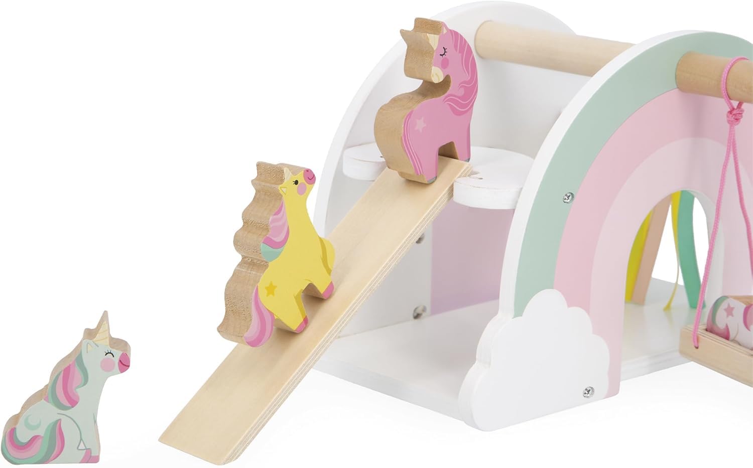Janod - Holzhaus der Einhörner - Thema Einhorn - FSC Holzspielzeug - Inklusive 6 Zubehörteile: 4 Einhörner, 1 Haartrockner, 1 Bürste, 1 Schaukel, 1 Rutsche - Ab 18 Monate - J08591