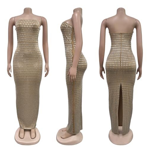 Image of Jigfar Women's Sexy Elegant Rhinestone Off Shoulder Split Bodycon Formal Maxi Dress(F6962,Beige,3XL)