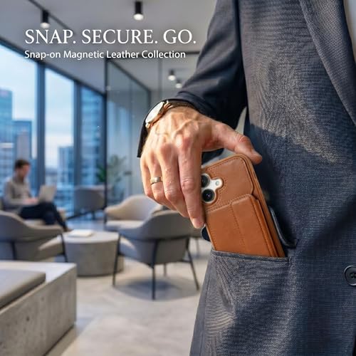Image of amazon basics Luxury Vegan Leather Back Cover for iPhone 16 | Built-in Card Holder Slot | Integrated Mobile Stand | Slim Shockproof Protective Case with Stitched Finish - Tan