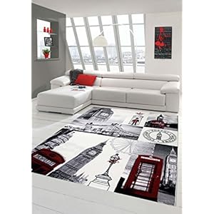 Designer Teppich Moderner Teppich Wohnzimmer Teppich London Motiv Creme Grau Rot Schwarz Größe 60×110 cm