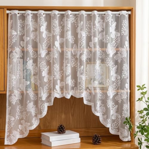 Image of HASTHIP White Lace Arched Sheer Curtain Floral Embroidered Valance