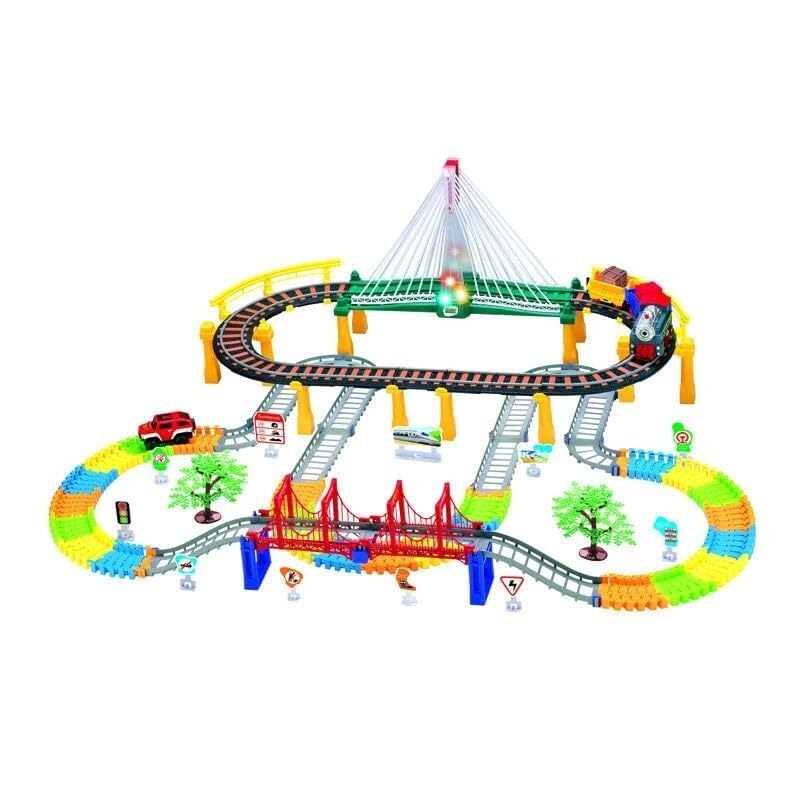 212 PCS Timing Train Track Set for Kids, Electric Train Railway Toy with Bridge Track, Car & Train Combo Playset, DIY Assembly Railway Building Set, Educational Toy for Boys & Girls