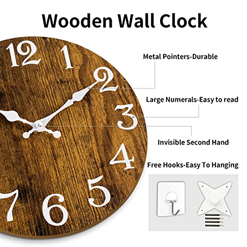 Image of KECYET Wall Clocks Battery Operated Wall Clock Kitchen 10 Inch Wood Silent Non Ticking Wall Clock,Vintage Analog Clock for Bedroom, Bathroom, Living Room, Home Office, Manor(Brown)