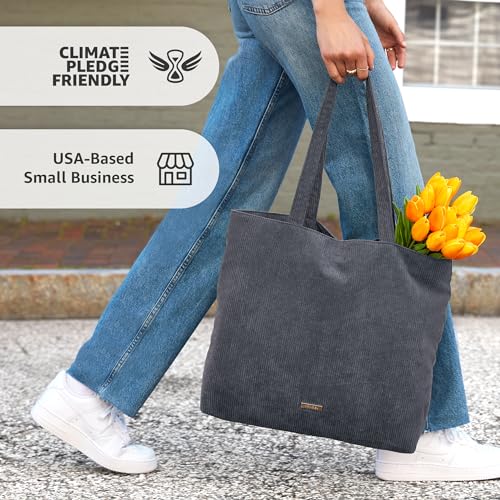 Vandel CORDUROY TOTE BAG For Women And Men With Zipper And Inner Pockets. Grey Zipper Tote Bag thumb #2
