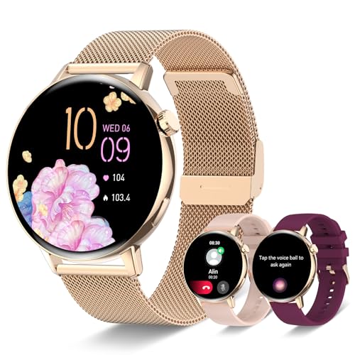 Reloj Inteligente Mujer con Llamadas, IP67 Impermeable Smartwatch Mujer Redondo con Whatsapp, Pulsómetro Oxímetro Monitor Sueño Podómetro, DIY Esfera Reloj, Reloj Digital Mujer para Android iOS