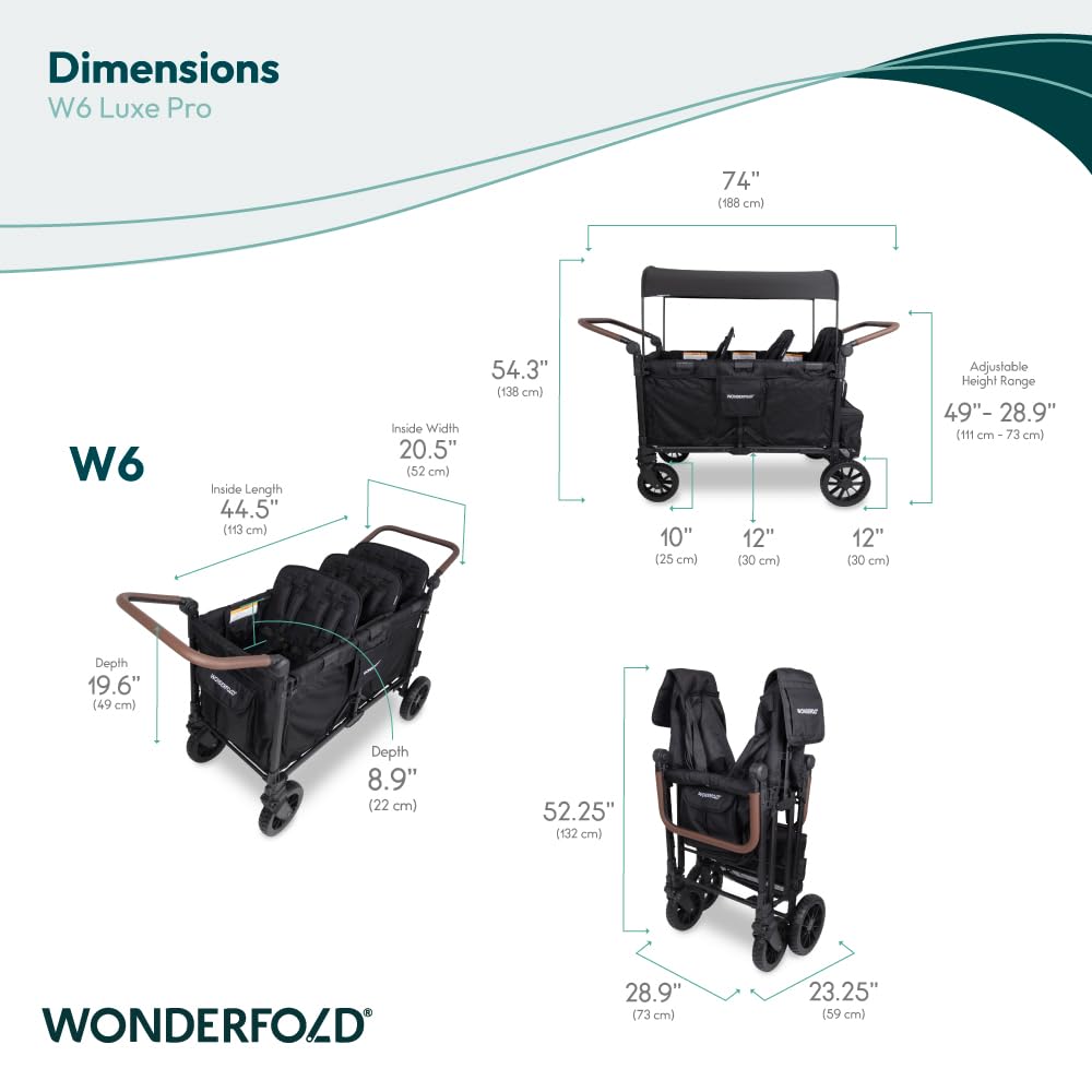 WONDERFOLD W6 Luxe Pro - Cochecito (6 plazas) – Cochecito plegable con asientos con arneses de seguridad de 5 puntos y toldo ajustable para el sol, negro azabache