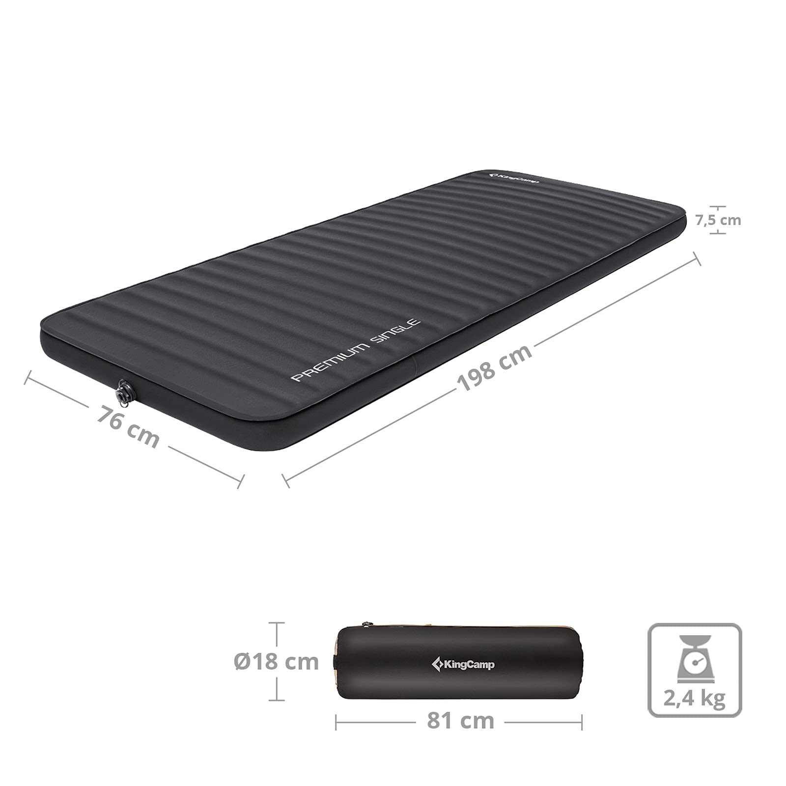 KingCamp Luftbett Premium Single Isomatte Selbstaufblasend Camping Bett 7,5 cm