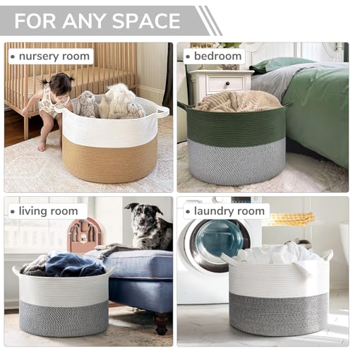 Image of INDRESSME Large Storage Basket, 21.7'' x 13.8'' Cotton Rope Blanket Basket Living Room, Toy Organizers and Storage with Handles for Kids, Laundry Baskets for Clothes, Towel, 90L Grey