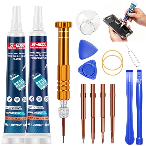 Colle Ecran Smartphone - Colle Telephone Forte avec Outils de Réparation, Super Glue pour Ecran de Téléphone Maquette Textile Cuir Rhinestone Chaussure, 15ml x 2, Transparent et Noir