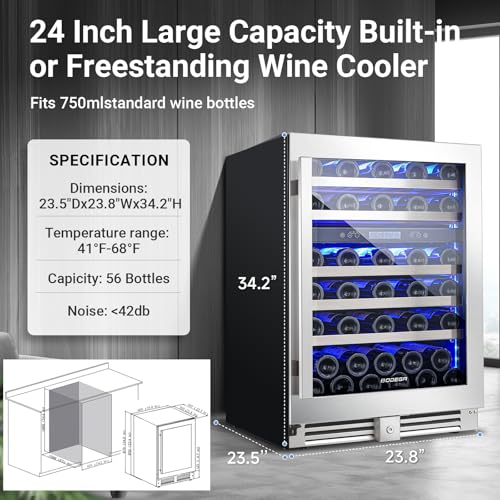 Image of BODEGA COOLER Wine Fridge & Cooler - 24 Inch 56 Bottle Wine Cooler Refrigerator, 41-68F Dual Zone Wine Refrigerator Glass Door, Built-in or Freestanding Fridge for Home /Bar /Kitchen (5.83 cu.ft)