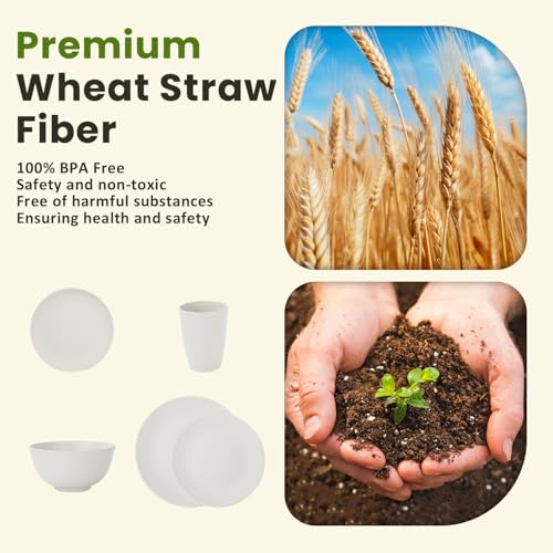 Image of Homienly 40- Pieces Wheat Straw Dinnerware Set, Service for 8, Lightweight Roud Plates and Bowls Set, Unbreakable Dishes Set- Dinner Plates, Bowls, Cups,Microwave and Dishwasher Safe(White)
