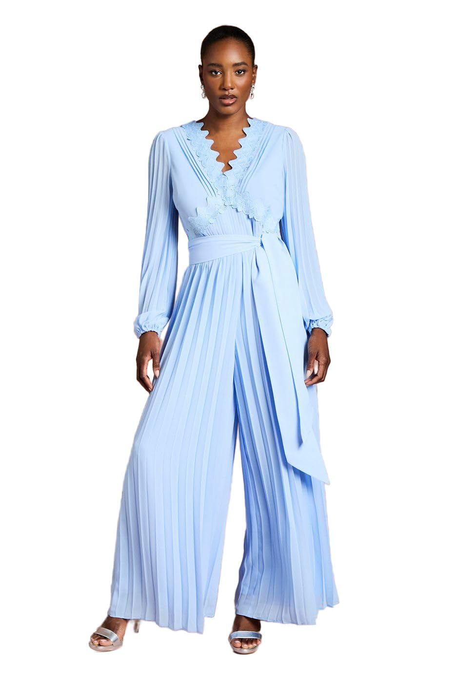Coast Lace Trim Pleated Leg Jumpsuit With Tie Waist, 14, Cornflower Blue