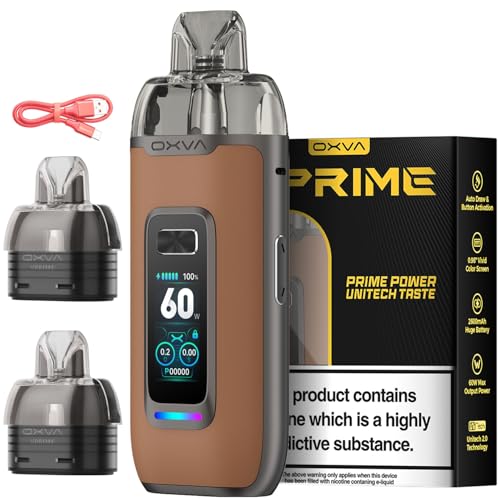 Oxva VPRIME Vape Pod Kit - First Ever Auto-Draw DTL Pod System 2600mAh Battery 60W Output 2ML TBD No Nicotine (Brown Leather)