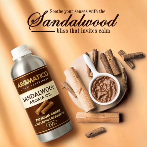 Image of AROMATICO Sandalwood Diffuser Oil with Strong, Long-Lasting Aroma. Woody, Spiritual Aroma Oil for Homes, Offices & Showrooms. Aromatherapy, Diffusers, Air Purifiers, Vaporizers - 1 Litre (1000 ml)