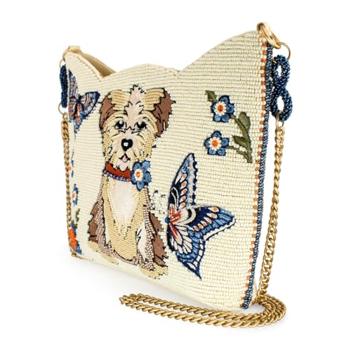 Mary Frances Shaggy Chic Beaded Crossbody Handbag with Playful Dog and Butterfly Motif Pet Lover Evening Clutch Bag, Ivory4