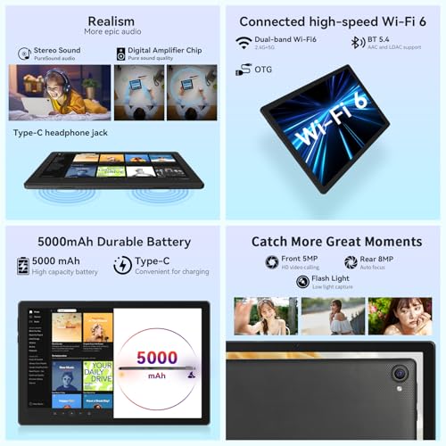 Whitedeer Android Tablet 10 Zoll - Android 15 Octa Core Gaming Tablet mit 20GB+64GB+1TB TF, Tablet PC mit OTG-Übertragung und Wi-Fi 6G, Widevine L1,5000mAh - Schwarz 6