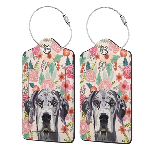 Luggage Tags for Suitcases, 2 Pack,with Stainless Steel Loop and Privacy Flap Name Id Label (Great Dane Dog Lovers Florals Pattern Printed)