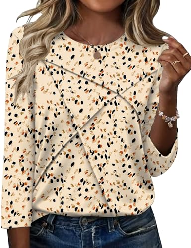 Kistore Womens 3/4 Sleeve T Shirts Crewneck Tops for Women Pleated Dressy Tunic Top Dressy Casual Petite Tops Leopard Printed L