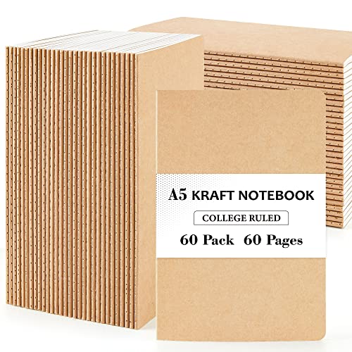 Feela 60 Pack Kraft Notebooks Bulk, Lined Travel Journals Note Pad Notebooks For Men Women Girls Students, Making Plans Writing Memos Office School Supplies, A5, 60 Pages, 8.3” X 5.5” #TOP28