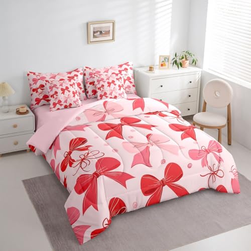 Image of Red Bow Tie 7-Piece Comforter Set Full Bed in a Bag | Pink Bow Bedding Sets Dreamy Princess Style Bowknot Comforter and Sheet Set, Cute Ribbon Bowknot Room Decor