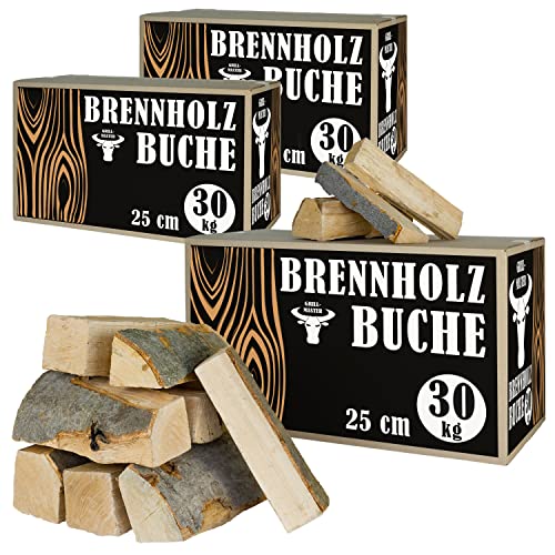 15-90 kg Bois de Chauffage pour Poêle et Cheminée Brasero Grill Panier à Feu Bûches de Bois de Hêtre 25 cm Grillmaster, Quantité:90 kg