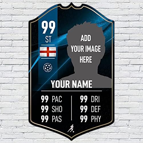 ShopQuality4U Personalised Football Cup Player Stats Card Sign - Red Background Printed Metal Shield Sign Wall Art A4 Player Add Name (28x17cm)