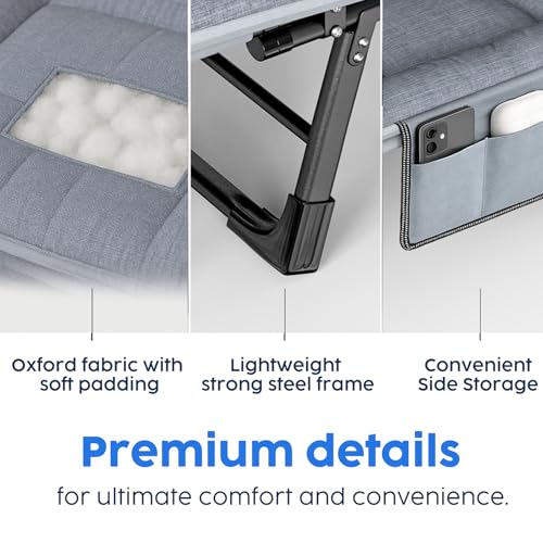 Image of SnozeFlex Chaise Lounge Chair, Folding Cot, 6-Angle Adjustable Camping Cot with Mattress for Patio and Beach, Foldable Bed Portable Heavy Duty Lay Flat Reclining with Pillow (Gray, M - 70'')