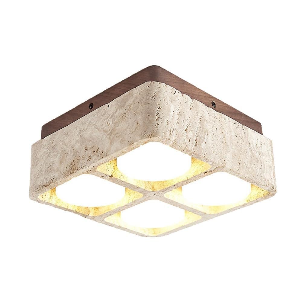 KXEcoLife Japanese Wabi-sabi Natural Stone Shade Ceiling Light,Yellow Travertine Art Interior Decoration Lamp(Walnut Color,4-Light)