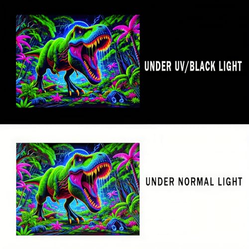 Image of BlissYard UV Reactive Dinosaur Blacklight Tapestry Neon T-Rex Dinosaur Wall Tapestry Jungle Forest Fantasy Landscape Wall Hanging for Men Boys Bedroom Home Decor Party Backdrop 59 X 78 inch