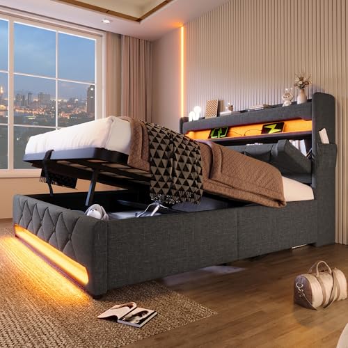 Cama doble tapizada de 160 x 200. Espacio de almacenamiento cabecero con puerto USB y tipo C. Función LED envolvente 360 alrededor de la cabecera y los pies de las camas con espacio de almacenamiento