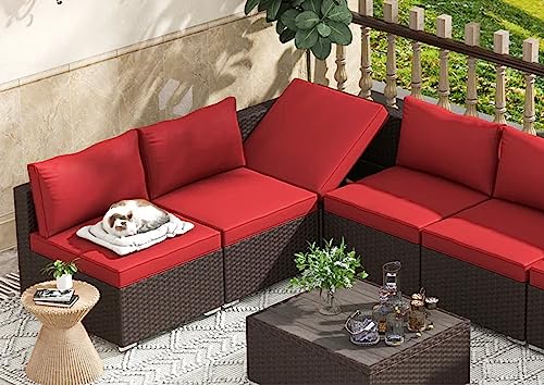 Image of DEVOKO Outdoor Sectional 3 Piece All-Weather Wicker HDPE Rattan Sofa Conversation Set with Table for Garden, Poolside (Dark Brown and Red)